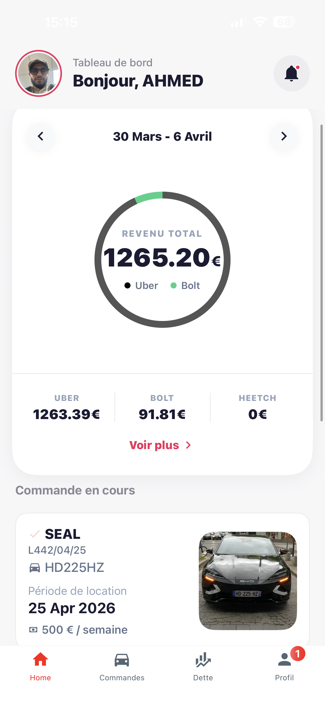 Application chauffeur VTC KRICAR — tableau de bord revenus