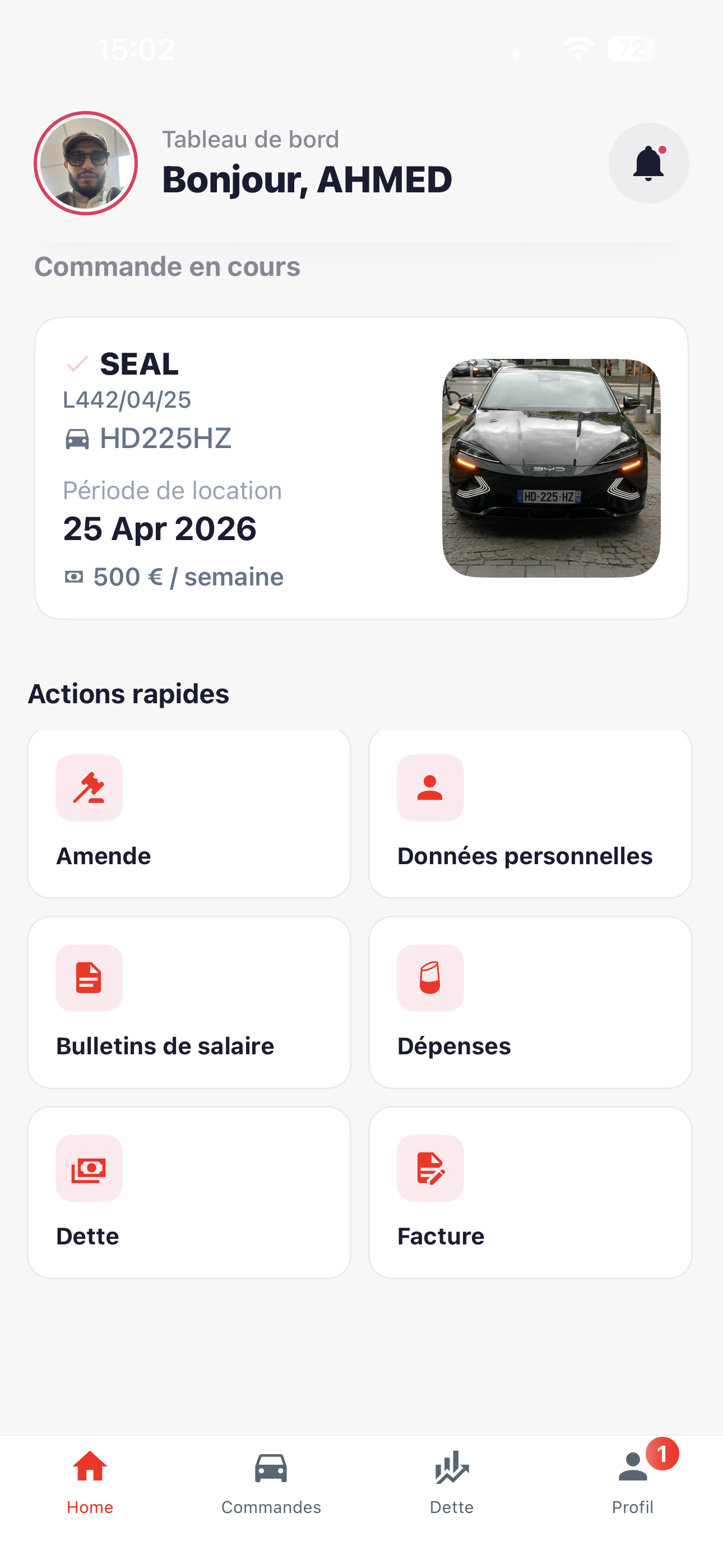 Application chauffeur VTC KRICAR — actions rapides paiement et amendes
