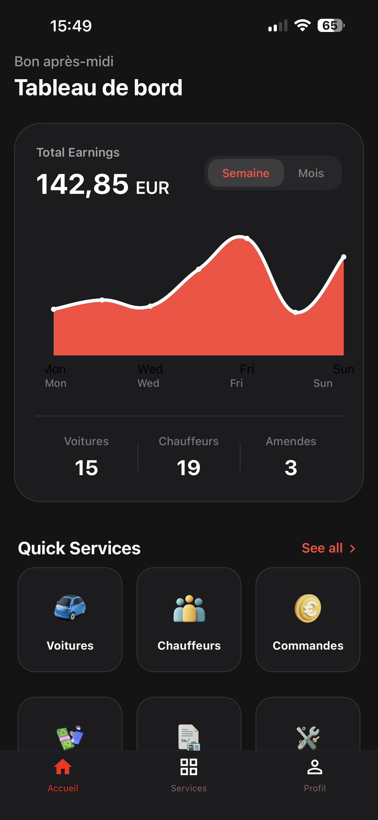 Application mobile KRICAR ERP VTC — tableau de bord gestionnaire
