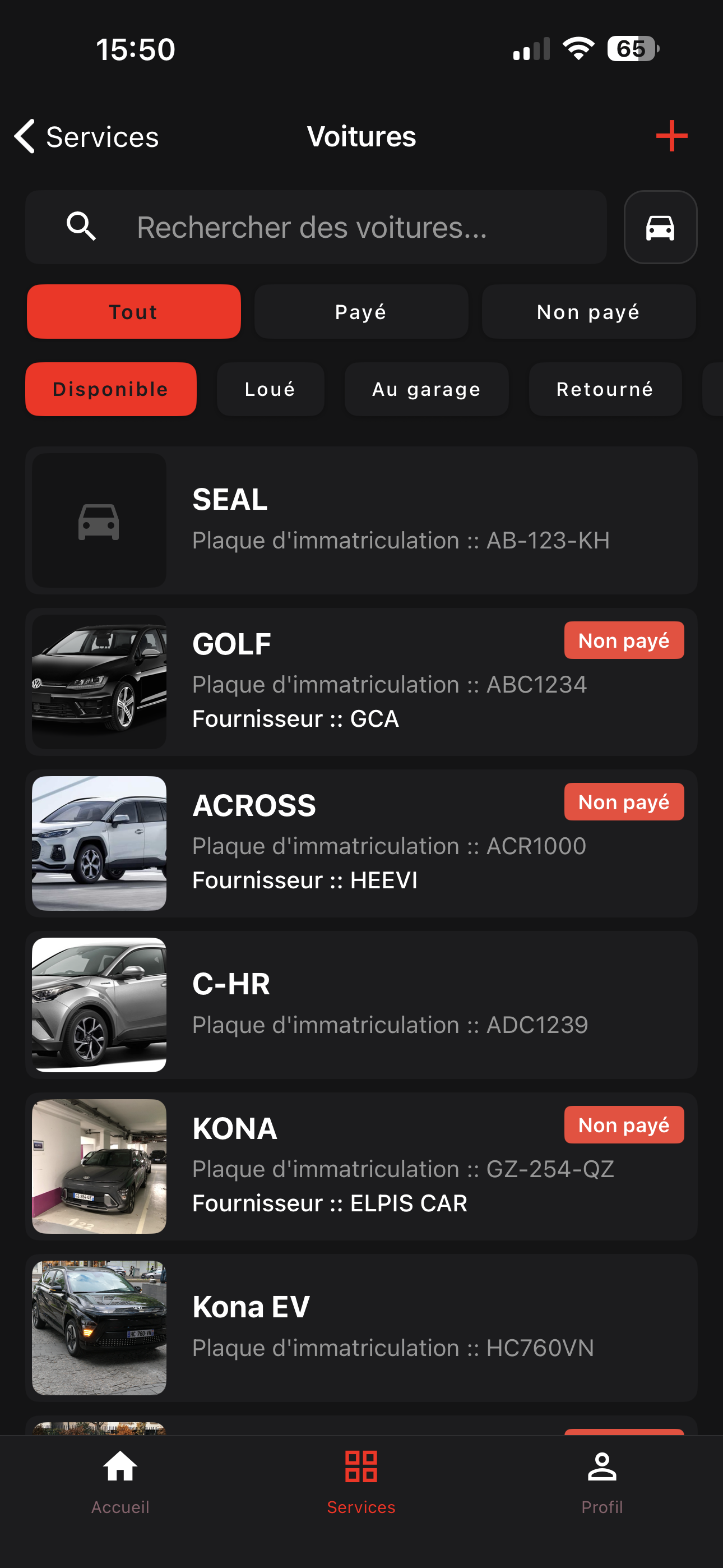 Application mobile KRICAR ERP VTC — suivi des voitures de la flotte