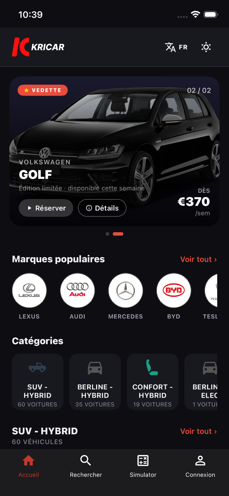 Marketplace véhicules VTC KRICAR — recherche et réservation en ligne